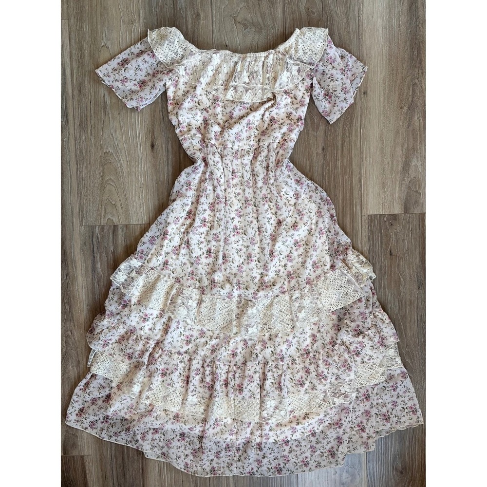 AND Floral Lace Trim Off Shoulder Tiered Midi Dress Cottagecore Prairie Sz 14